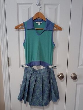 Knitworks Green & Blue Collared Knit Dress with Pleated Plaid Skirt